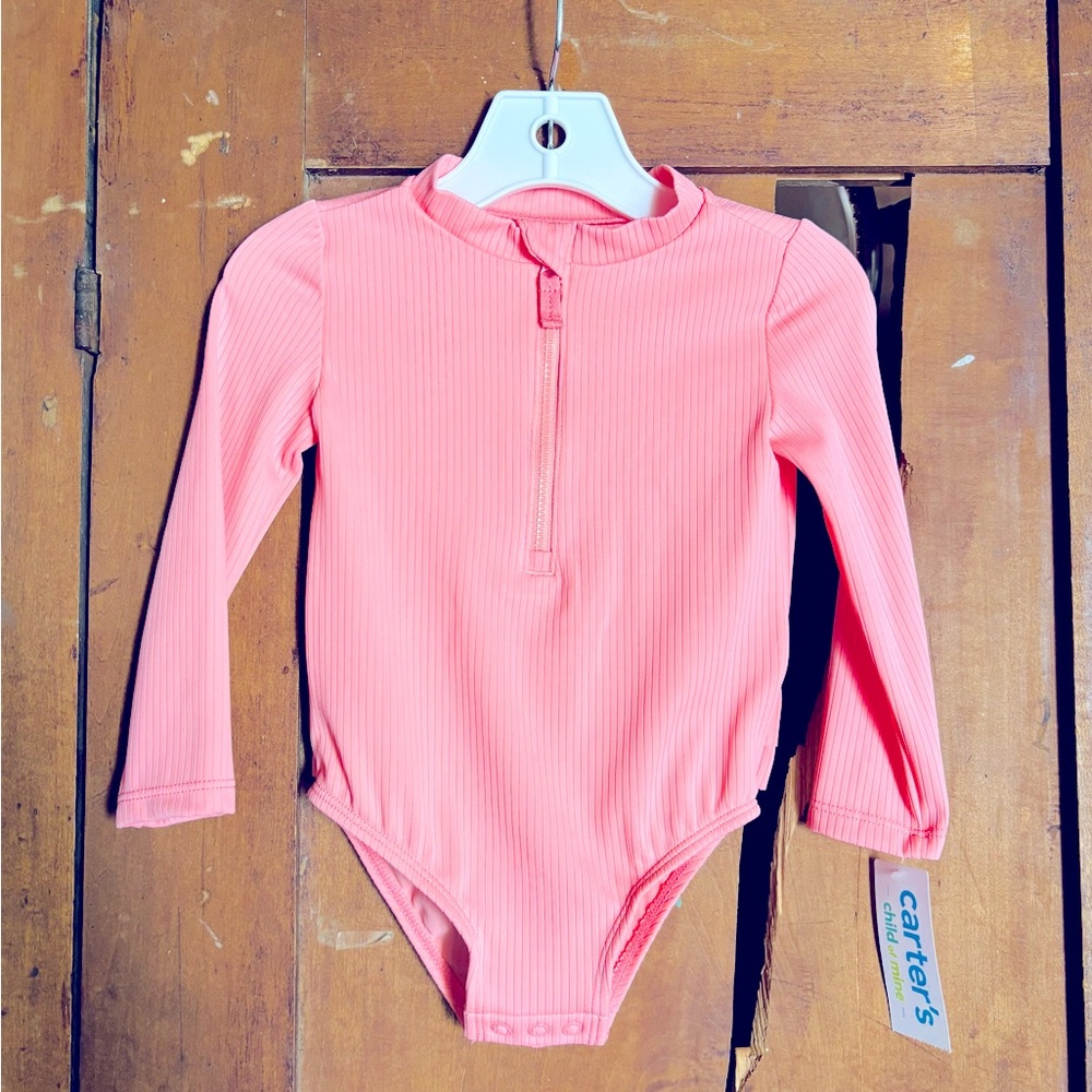 Carter's neon Coral Pink Long Sleeve Bodysuit Rash guard Swim Suit NEW!
